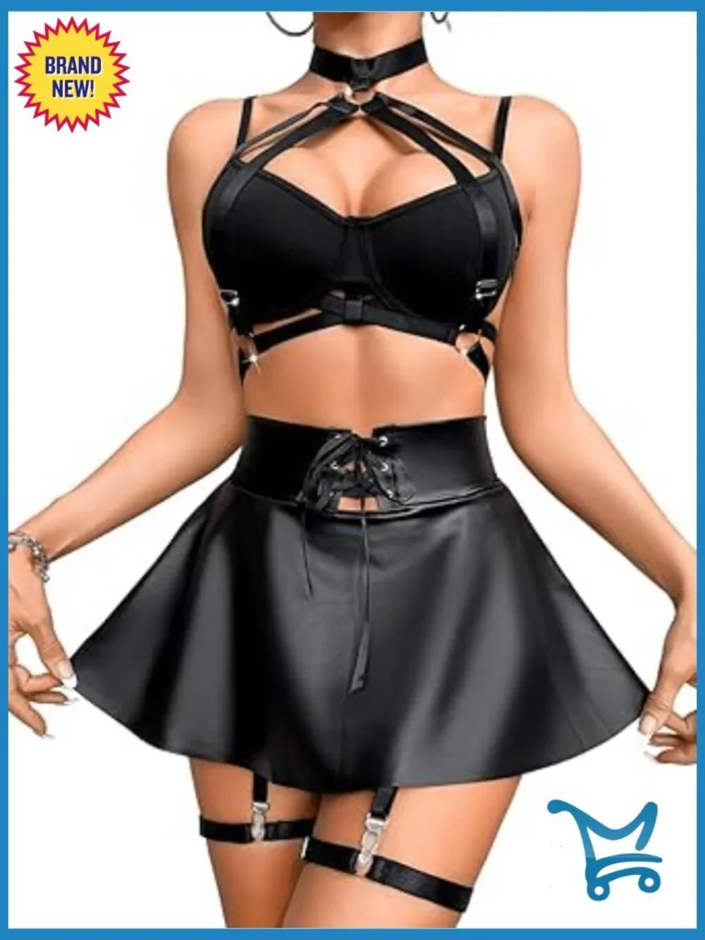 Strappy Underwire Vinyl Lingerie Set - 4 Piece Club Rave Outfit